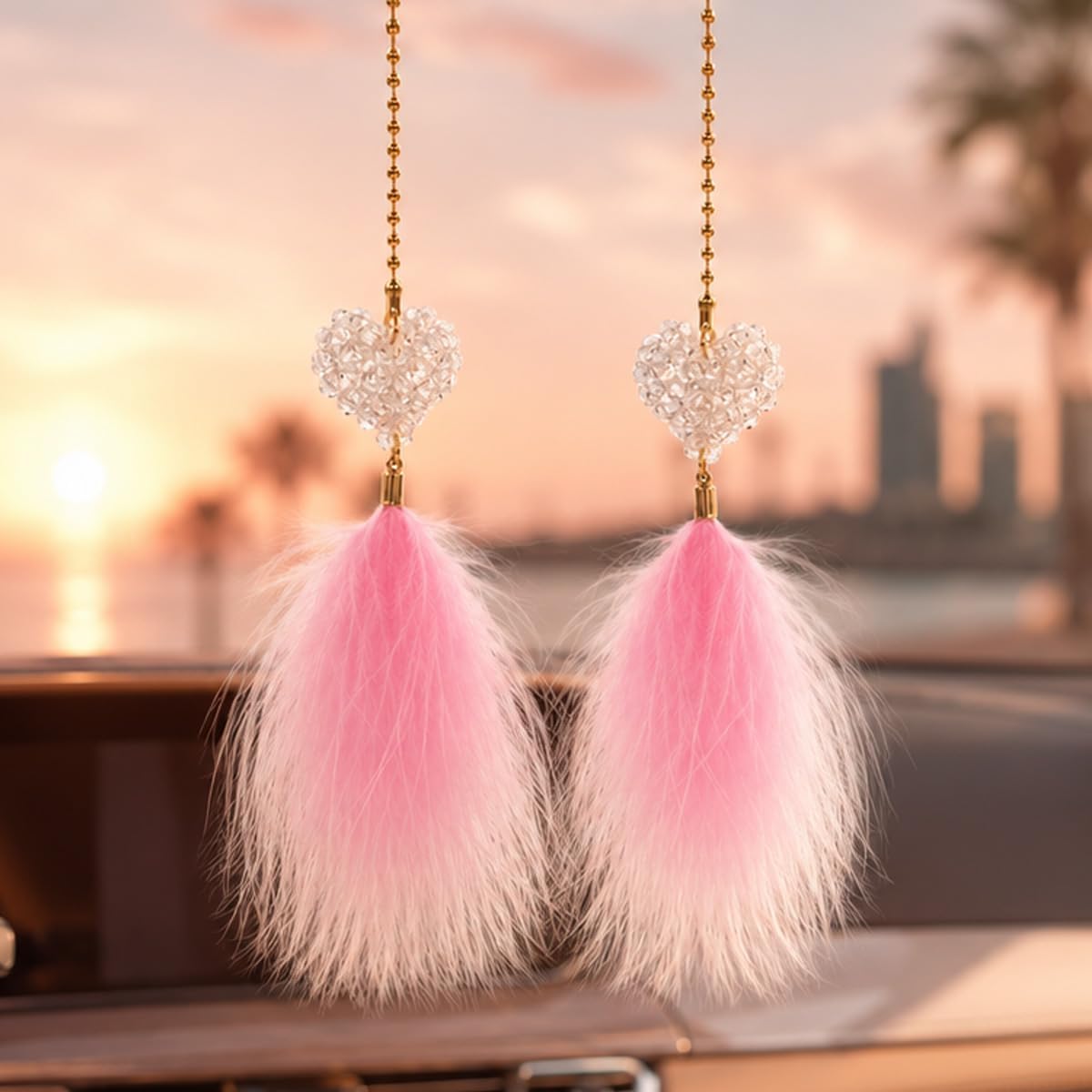 Double Love Heart Feather Car Mirror Hanging Accessories, Pink