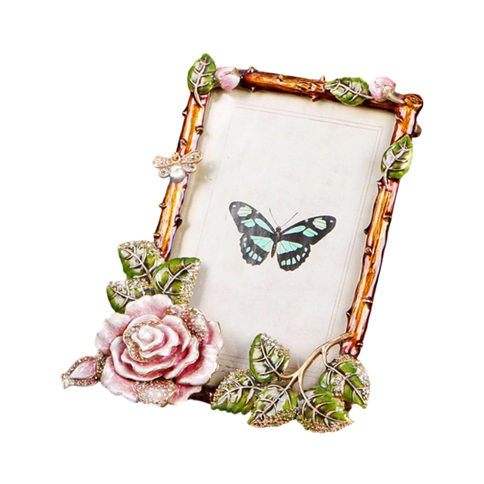 Kaeltsyn Antique Metal Picture Frame with Rhinestones Accent and Floral Bird Enameled Design Decorative Gallery Art Photo Display Romantics Photo Frame