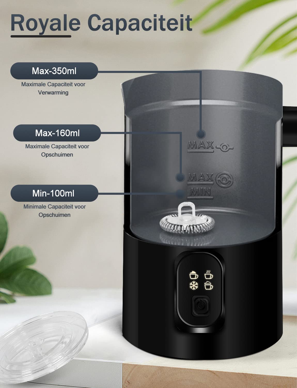 BURNNOVE 4-in-1 Elektrische Melkopschuimer 600W Automatische Roestvrijstalen Melkopschuimer 350ml Automatische Koude Opschuimer met Oververhittingsbeveiliging voor Koffie Macchiato Melk Zwart