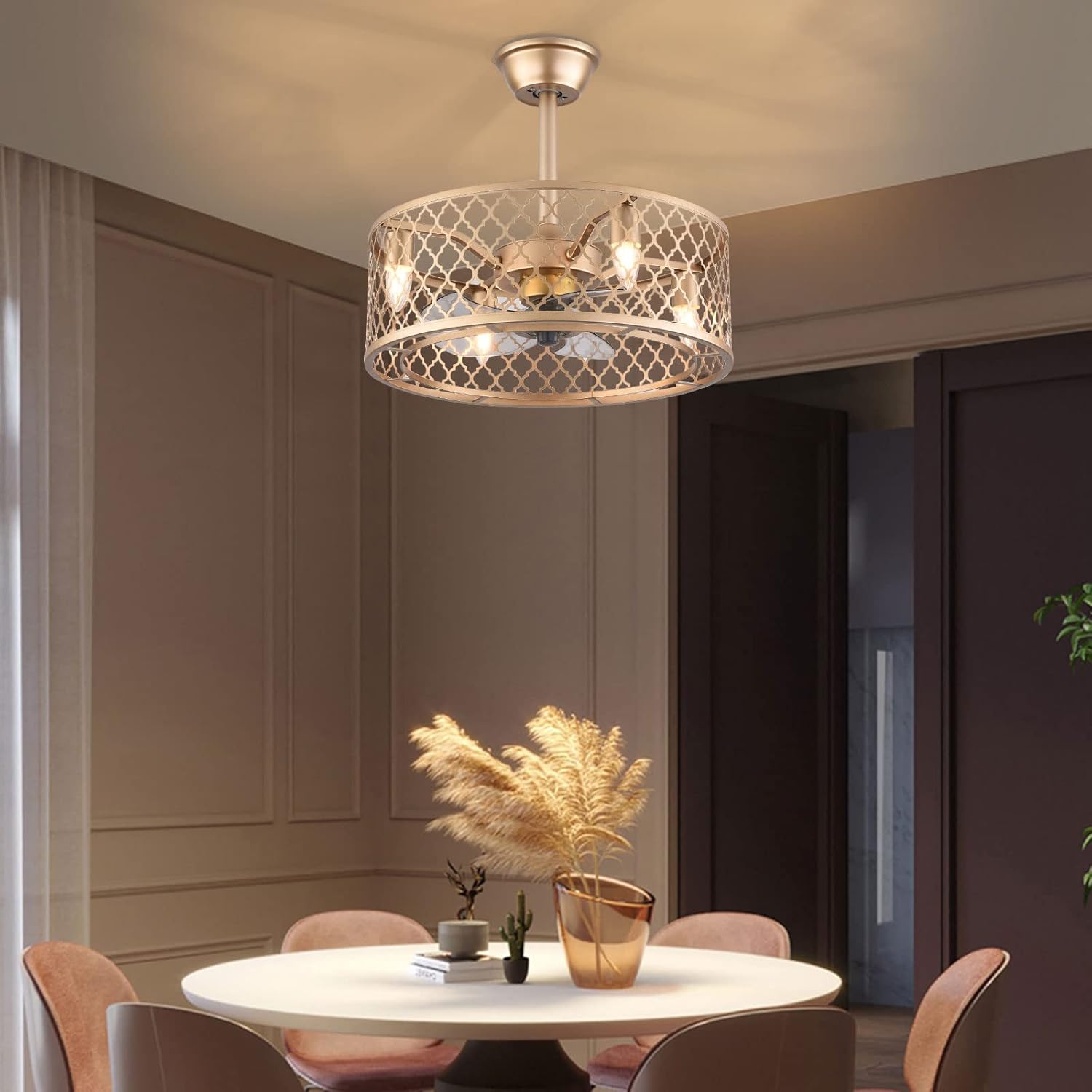 LOYALHEARTDY 20" Gold Fandelier Ceiling Fan with LED Light Remote Control, 3-Speed Adjustable, Quiet Enclosed Caged Ceiling Fan Downrod Mount Metal Edison Chandelier Fan in Champagne Gold Finish