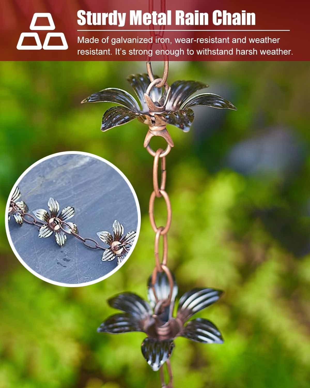 Decorative Rain Chains Waterfall, Garden Rain Chains for Gutters, Metal Flower Rain Chain Decor, Japanese Rain Catcher Chain Cups, Yard Rainwater Diverter Downspouts, Easy to Fit (Style1 3.6m/12ft)