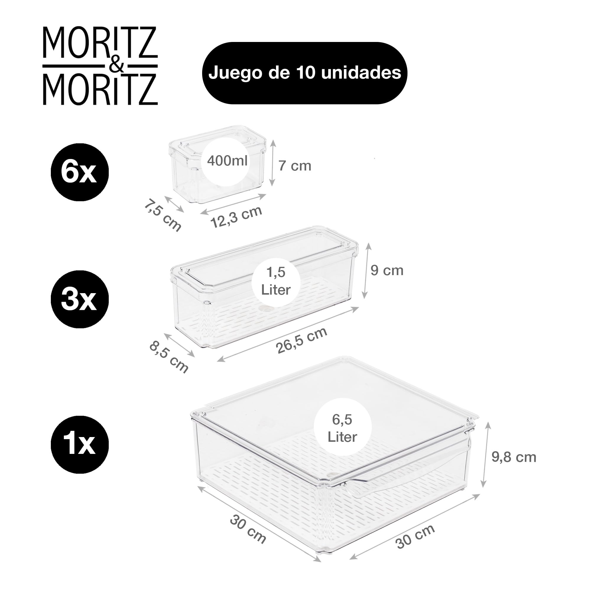 Moritz & Moritz Juego de 10 organizadores para frigorífico con tapa, apilables, transparentes, resistentes, para cocina, armario o cajón