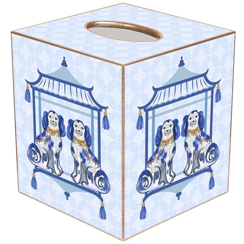 Marye-Kelley Staffordshire Dogs Chic Blue Background Papier Mache, Tissue Box Cover, Handmade in The USA, Decorative Tissue Holder for Bathroom Vanity Countertop, Bedroom Dresser, Nightstand, Desk