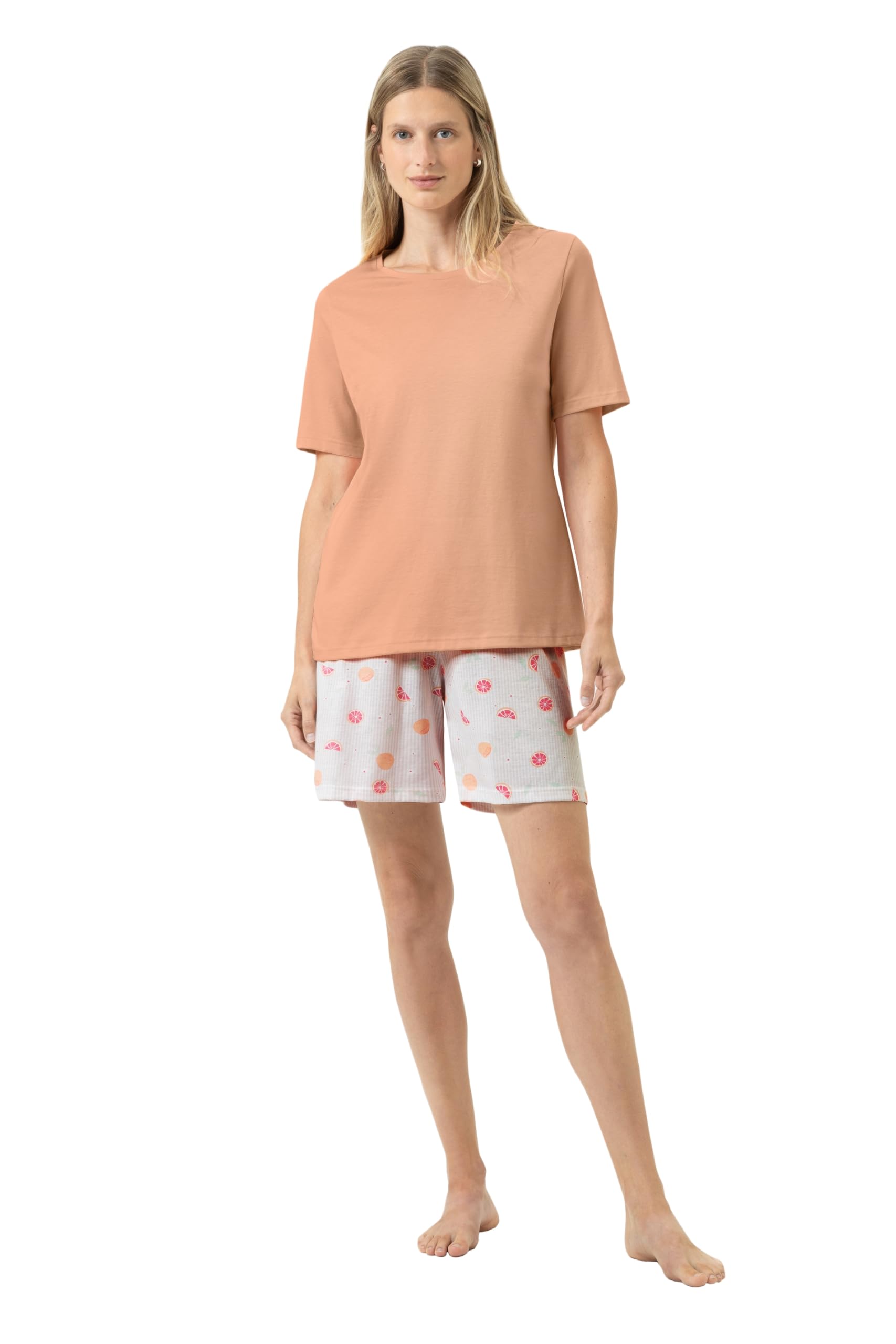 Mey Damen Anzug kurz: 2-teiliger Sommer-Pyjama, Legere Passform, Unifarbenes Shirt, Hose mit Allover-Print, Hautfreundlich und atmungsaktiv, Single-Jersey-Qualität, Serie Grapefruit Bliss