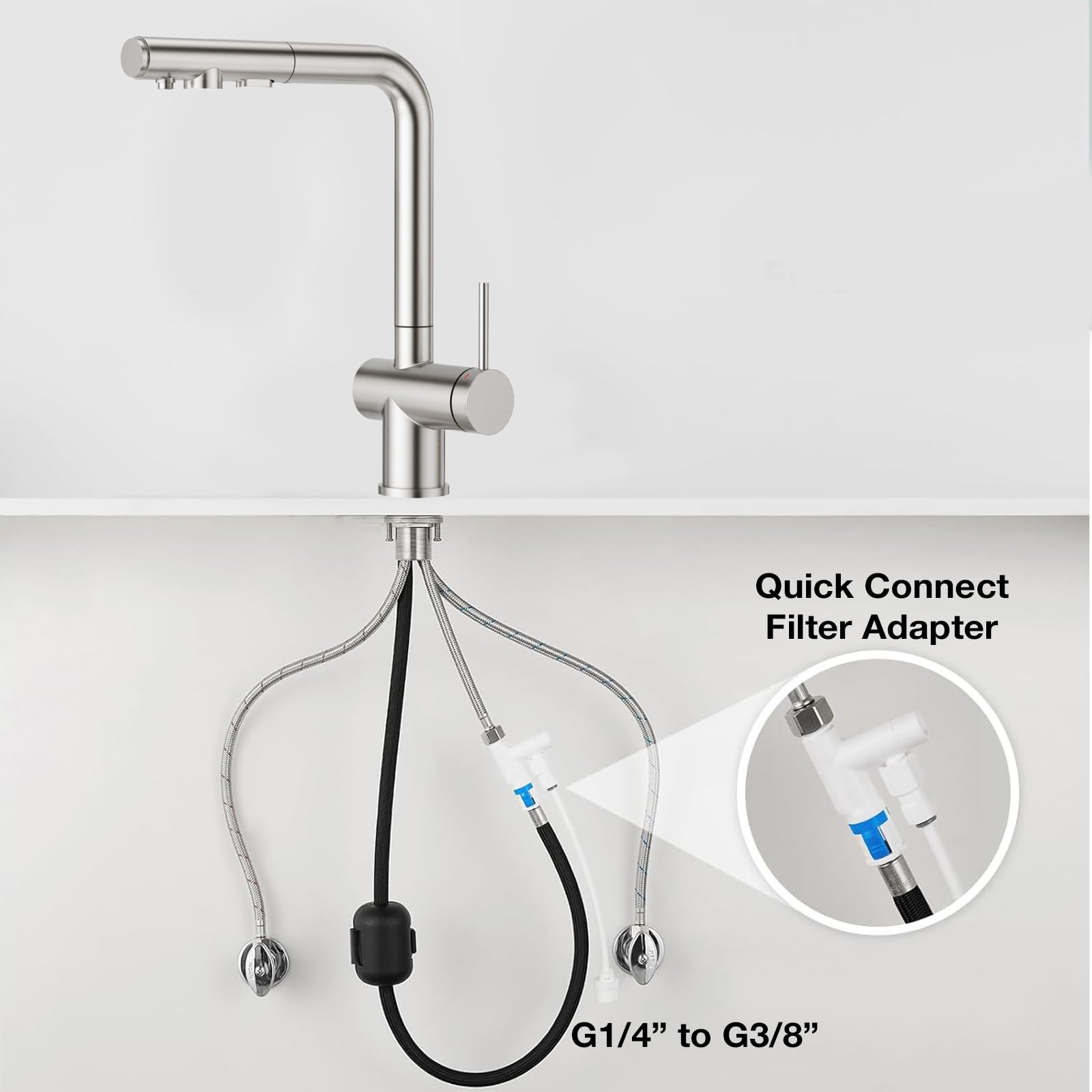 Faustina Rubinetto da cucina a 3 vie con doccetta estraibile, miscelatore monocomando, rubinetto per lavello, rubinetto da cucina per impianto di osmosi inversa e filtro dell'acqua in acciaio inox