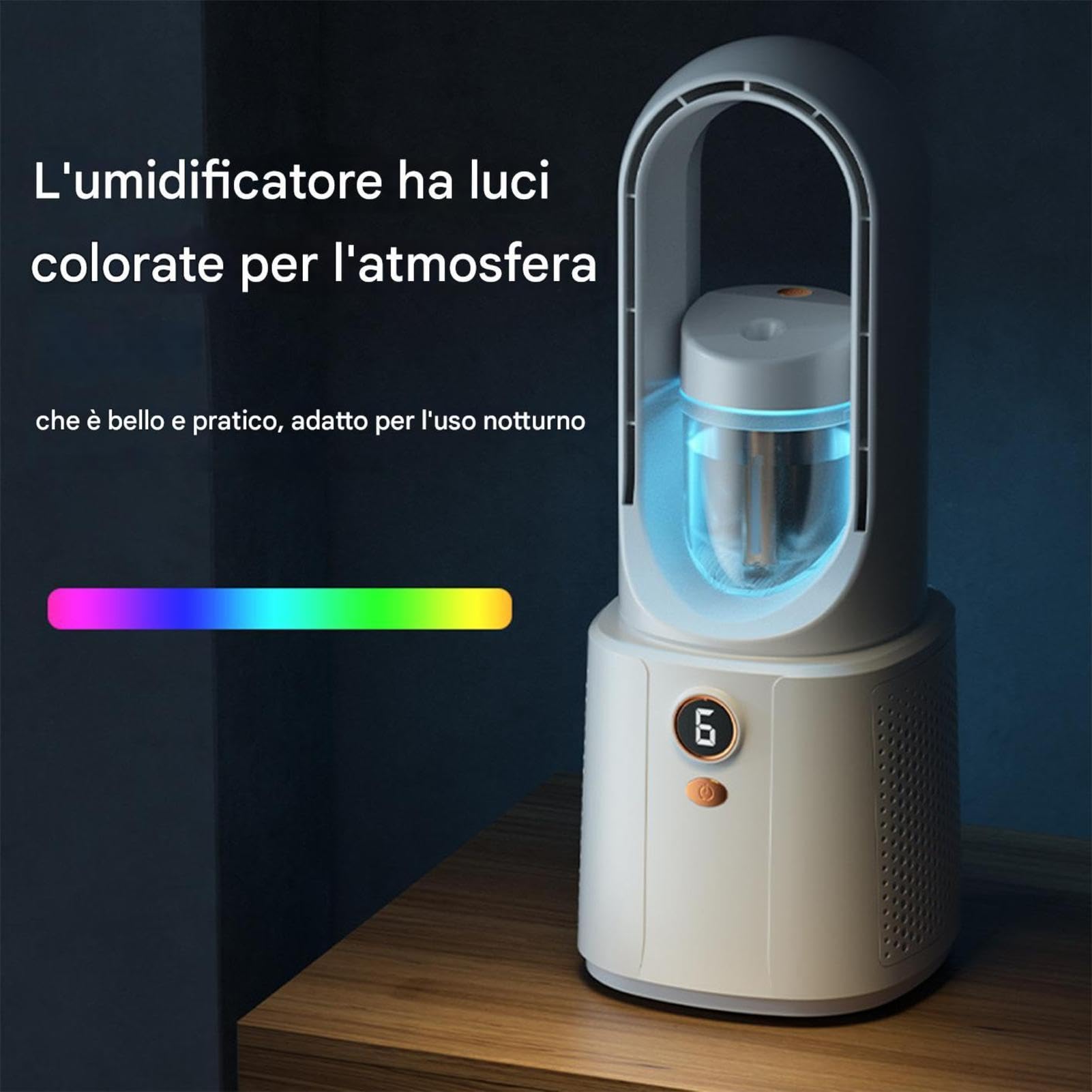 Ventilatore A Torre Silenzioso, 6 Velocità Ventilatore Senza Pale | umidificatore e ventilatore rinfrescante, Ventilatore a Piantana con Luce d’ambiente, USB, Per Casa e Ufficio
