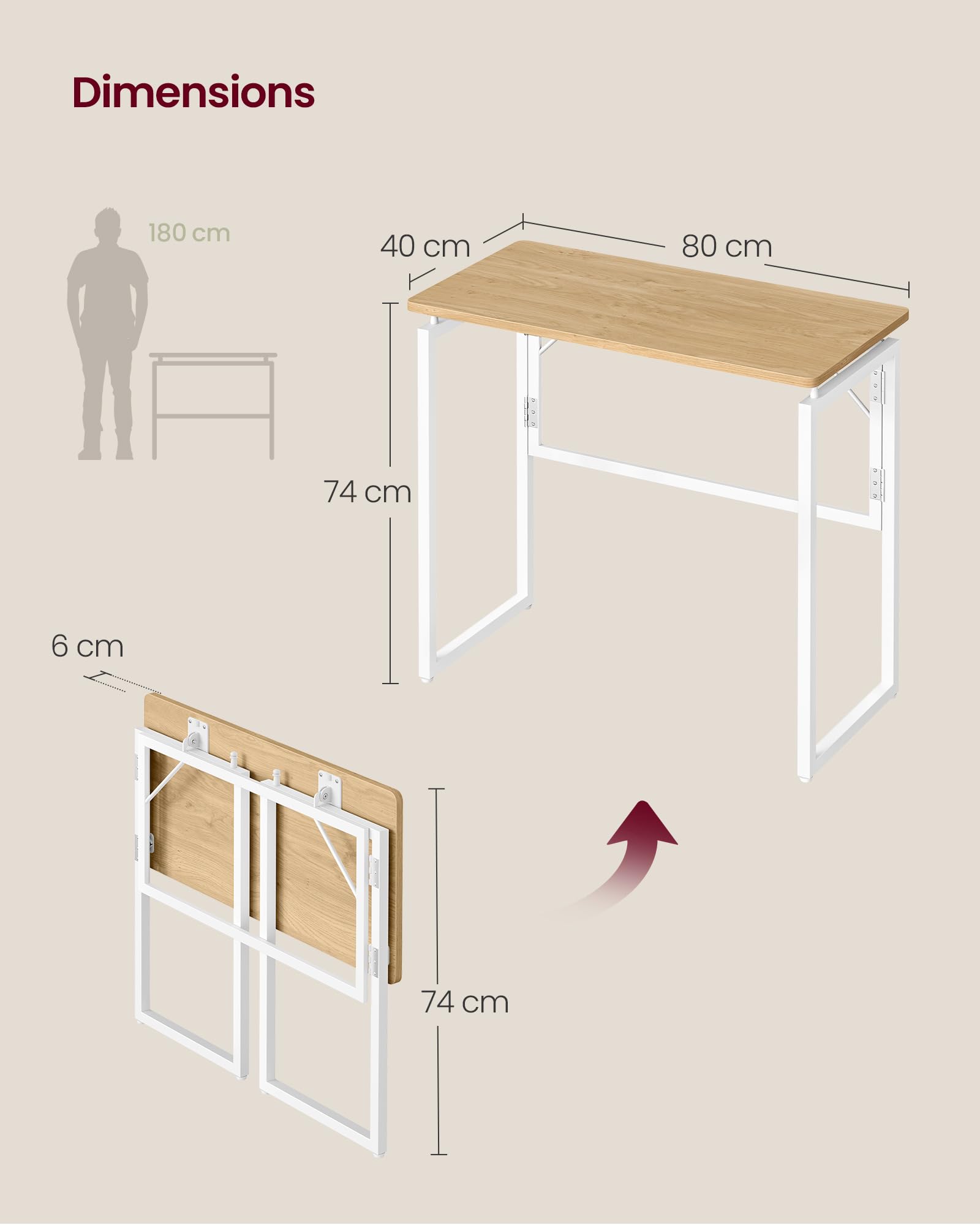 VASAGLE Table Pliante Bureau Pliable 80 x 40 cm Chêne Naturel