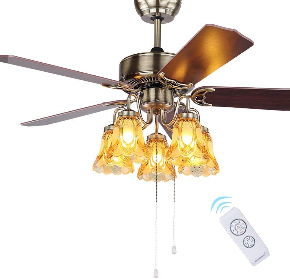 YUEGOO Ceiling Fans with Lamps,Retro Leaf Fan Chandelier European Antique Simple Restaurant Living Room Home Ceiling Fan Light E27*5/48 inch Remote Control Switch