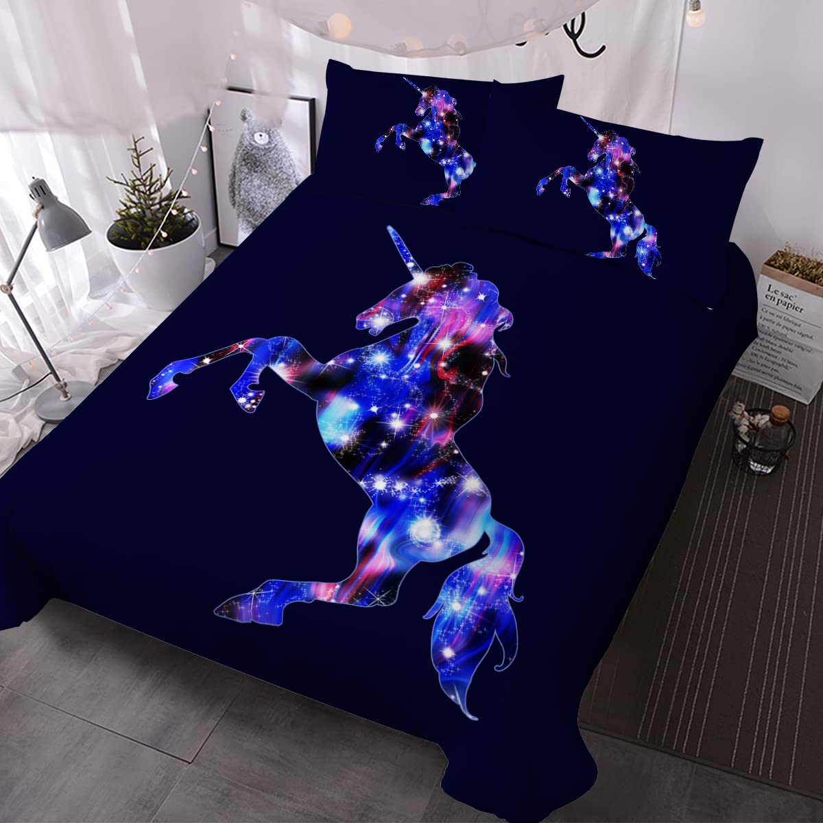 BlessLiving Galloping Unicorn Duvet Cover Set 3 Pieces King Space Unicorn Pattern Bedding Set (1 Duvet Cover+2 Pillow Shams) Luxury Lightweight Bedspread for Kids Teens Boys