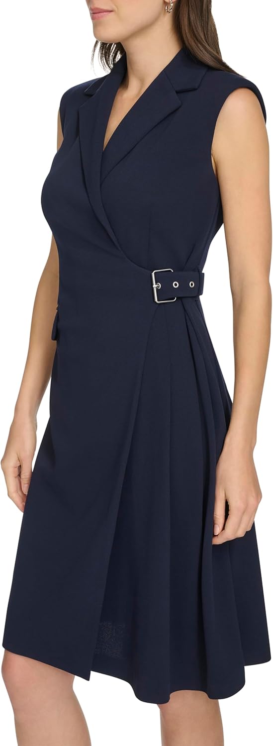 Calvin Klein Womens Sleeveless Collared Belted Wrap Knee Length Dress - Image 3