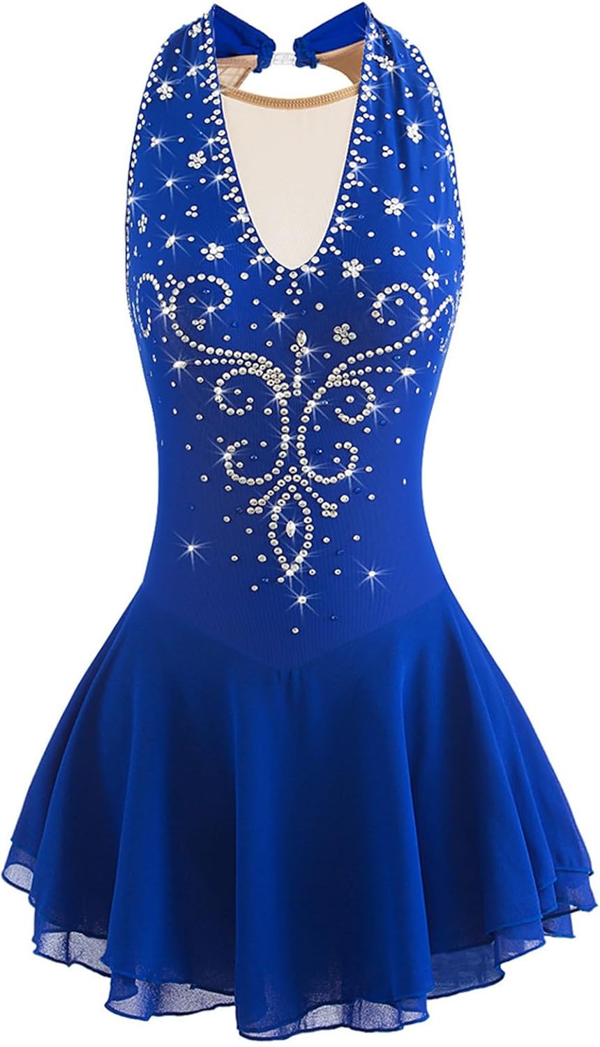 Figure Skating Dress, Girl Sleeveless Rhinestone Open Back Custom Made Ice Skirt Breathable Open Back Wear