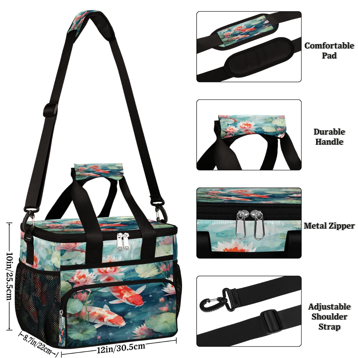 Lotus and Leaf Insulated Picnic Backpack Lunch Box for Women Men Picnic Basket Tote Lunch Bag Picnic Bag Portable Lunch Bags for Picnic, Beach, Work, Trip,Office, Camp Kois Carps Family