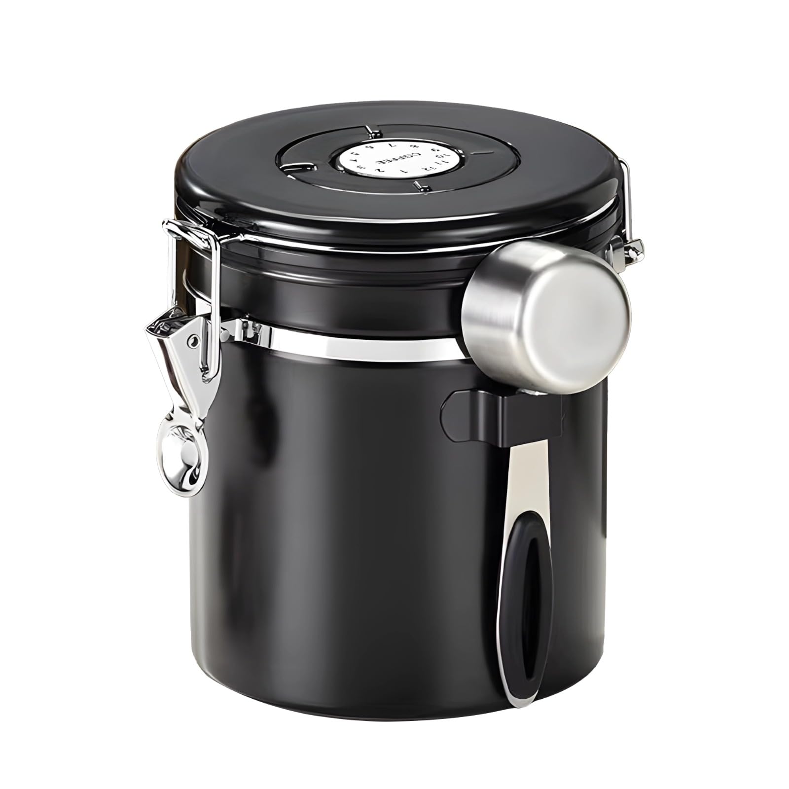 Kaffeedose 1,8 L, matt schwarz, mit Sichtfenster, luftdichter 304 Edelstahl Behälter mit Löffel, Single Valve für Kaffeebohnen, gemahlenen Kaffee, Tee, Nüsse, Aufbewahrung in der Küche