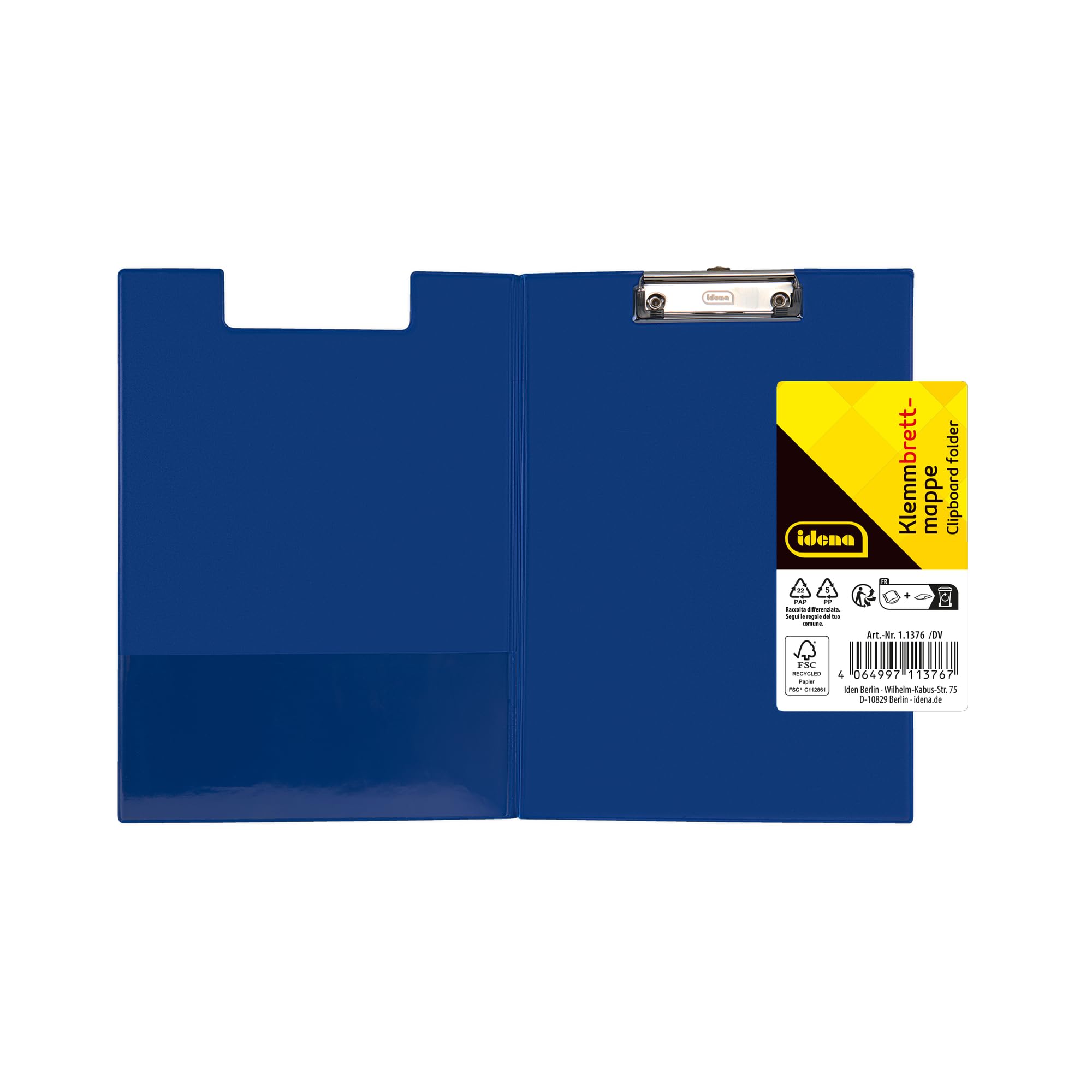 Idena 90295 - Klemmbrettmappe für DIN A4, 12 Stück, Hochformat, PVC beschichtetes Clipboard in Blau, mit Deckel