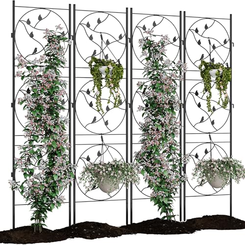 Garvee 21"x72" Metal Garden Trellis Panel (4-Pack), Black Rustproof Fence & Plant Support for Climbing Roses, Vines, Vegetables, Indoor/Outdoor Decora