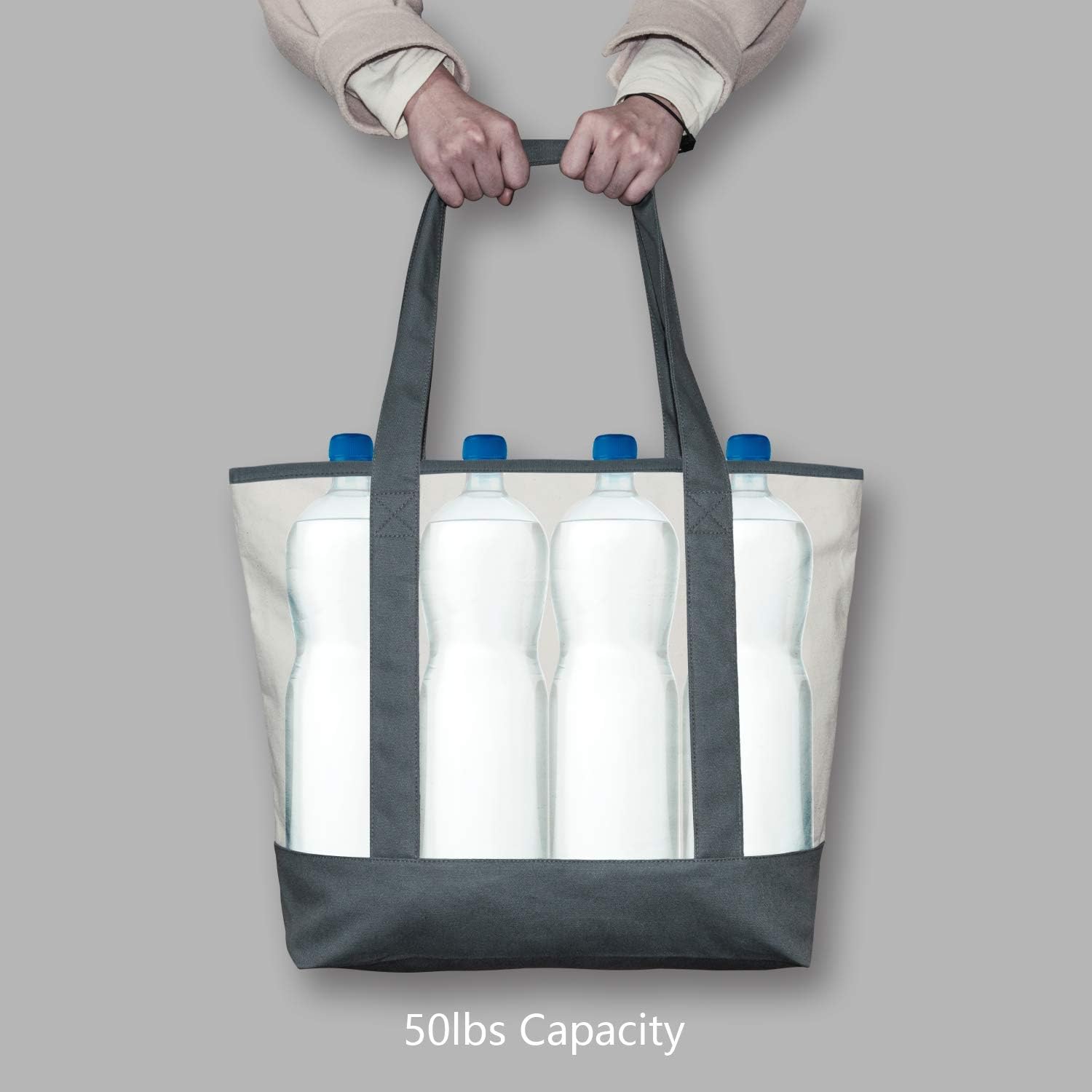 TOPDesign Stylish Canvas Tote Bag with External & Internal Pockets, Open Top, Daily Essentials (Gray/Natural)