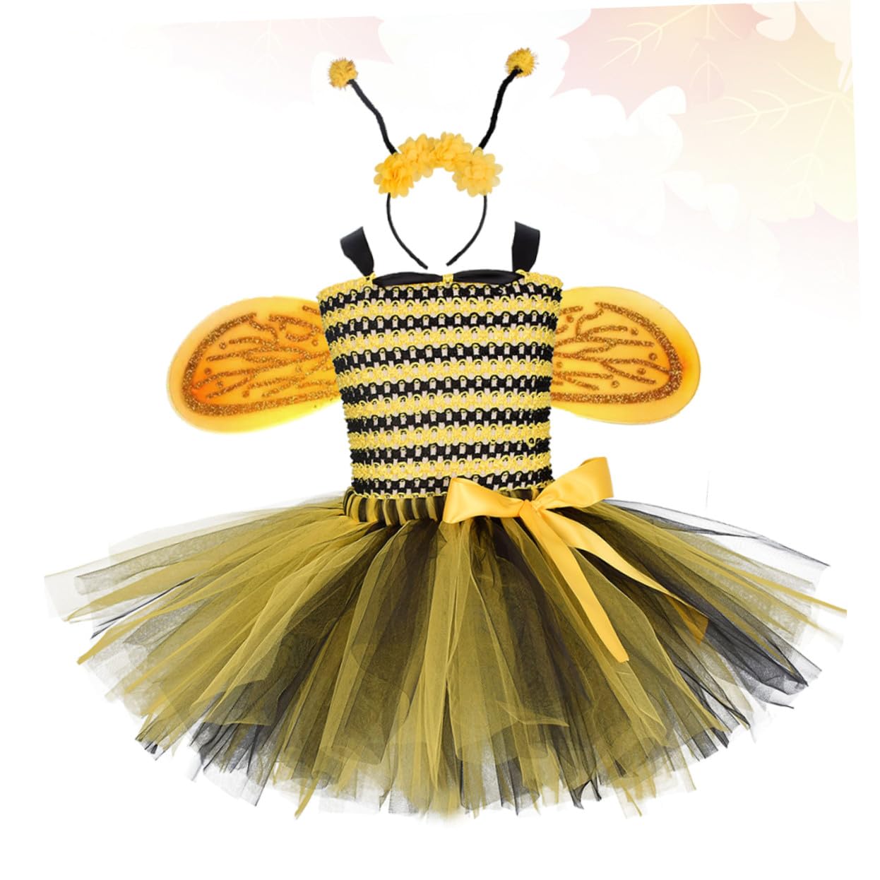 KOMBIUDA Bienenkostüm Mädchen Kleid mit Federflügeln und Haarschmuck Luftiger Tüll Rock Jahre Bezauberndes Party und Bühnenoutfit für Verkleidung und Tanz