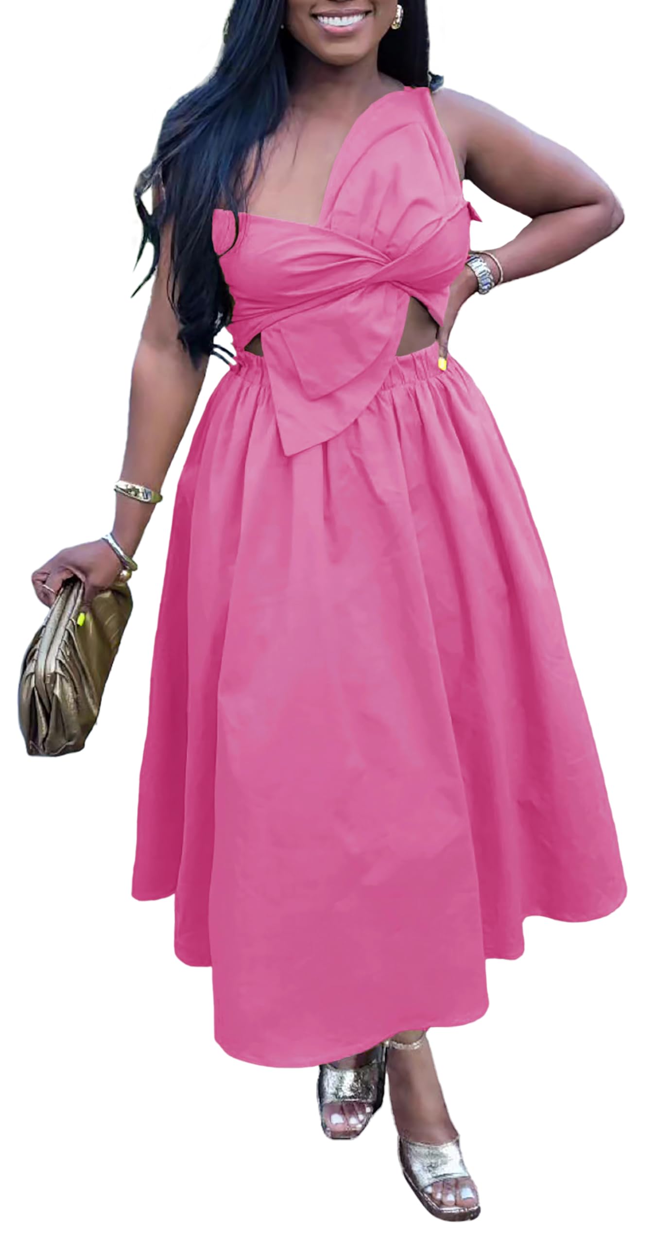 YUEWOO Midi Dresses for Women Casual Summer Sundresses Vacation Outfits Spaghetti Strap Smocked Women Maxi Dress with Pockets