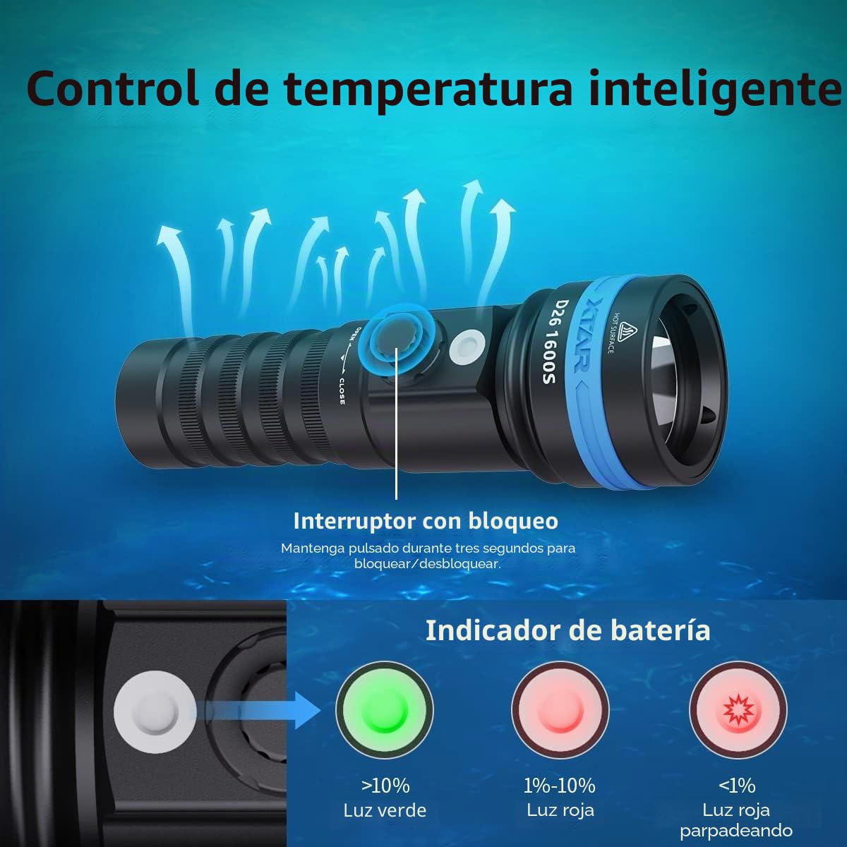 XTAR Linterna de buceo D26 1600S de 1600 lúmenes, luz de buceo, 4 modos IPX8, luces submarinas, para exploración al aire libre, deportes acuáticos (no incluye batería)