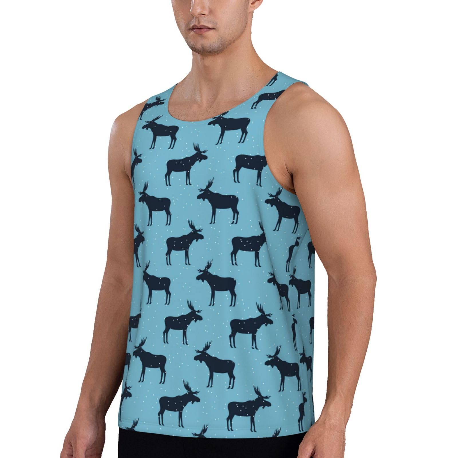 Workout Tank Tops for Men - Winter Moose elk Snow Blue Sleeveless Quick Dry Muscle Shirts for Men with Running