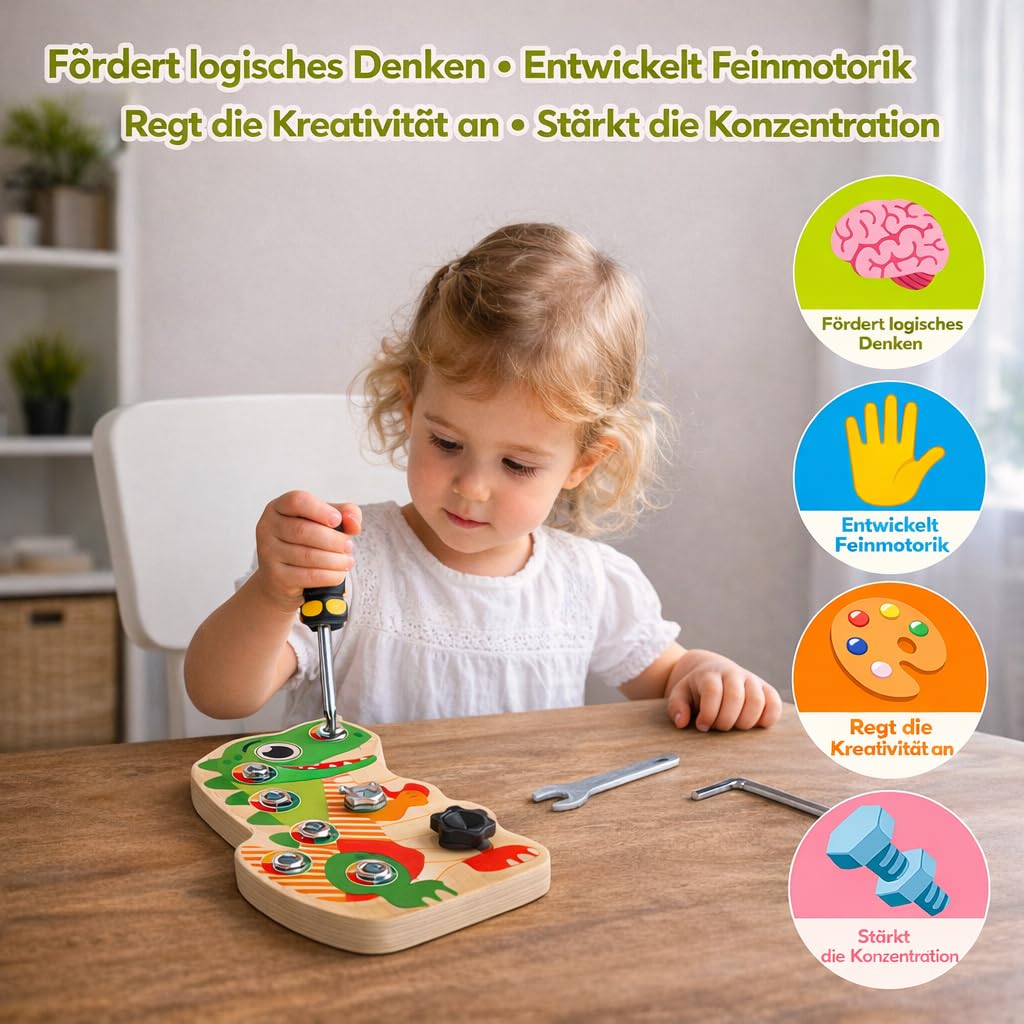 Zabawka Montessori dla Dzieci 3–5 Lat, Drewniana Tablica Dinozaur z Wkrętami i Narzędziami, Zabawka Motoryka Mała, Edukacyjna Zabawka dla Dzieci, Prezent dla Chłopców i Dziewczynek