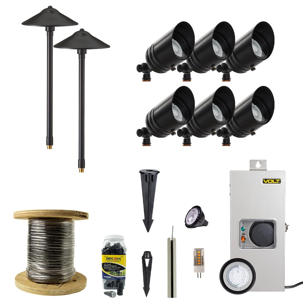 VOLT 12V Black Brass LED Landscape Lighting Kit (6 Spotlights, 2 Path Lights) with 150W Low Voltage Transformer for House, Yard, Outdoor Pathway, Walkway, Garden, Driveway or Patio