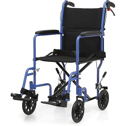 Magshion Lightweight Transport Wheelchair for Adults 250 Lbs, Portable Folding Transport Chair for Seniors with Push-to-Lock & Hand Brakes, Compact 16" Seat (Blue Frame)