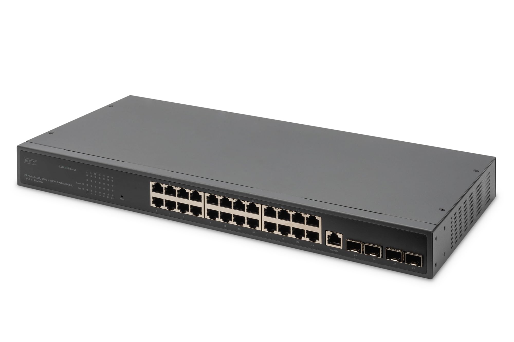 DIGITUS 29 Port Gigabit Ethernet Netzwerk-Switch - Managed - 24 RJ45 Ports + 4 SFP Ports + 1 Konsolen Port - 10/100/1000 Mbps - 19-Zoll Formfaktor - L2+ Funktionen - Schwarz