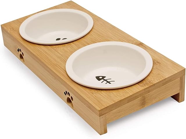 Pfotenolymp® Premium Feeder Feeding Station for Cats made of Bamboo / Wood - 2 Bowls for your Cat - Bowl Set made of Ceramic in White, Large for Water and Food - Raised Feeding Dish - Elevated Feeder