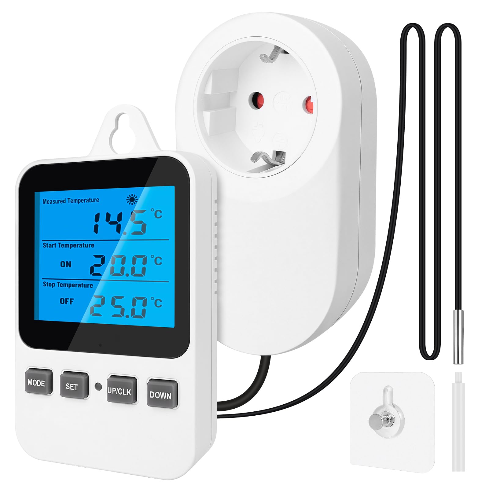 Digital Thermostat Steckdose mit Fühler Temperaturregler 230V Steckdosenthermostat Heizung Kühlung Zeitschaltuhr Temperaturschalter für Gewächshaus Terrarium Aquarium