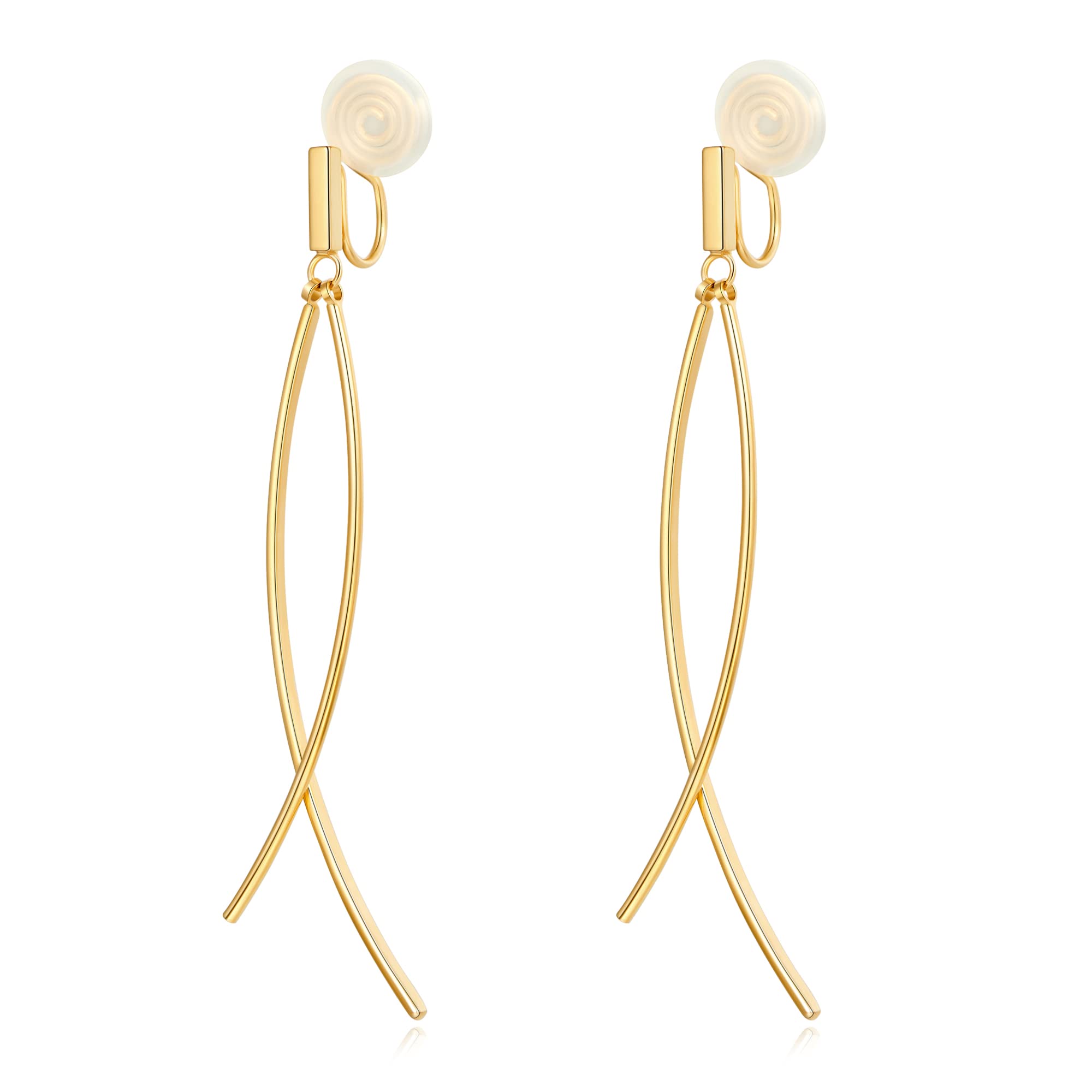 CLASSYZINTLong Metal Bar Dangle Earrings,2 Pieces Thin Curve Bar,Gold Soft Adjustable Clip On Earrings For Women, Brass