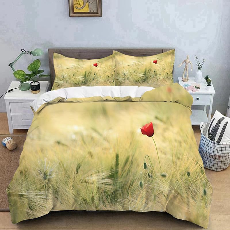 Housse de couette 220x240 microfibre douce anti-plis motif pavot blé pour lit 2 places