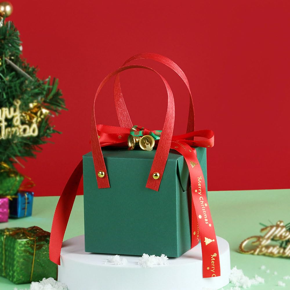 Pretocter 5 Pcs Christmas Gift Box Set Christmas Wrapping Paper Bags Classic Red Design Ribbon Bell Decor Christmas Candy Box Bags with Handle Kraft Gift Bags for Christmas Party Decoration-Green