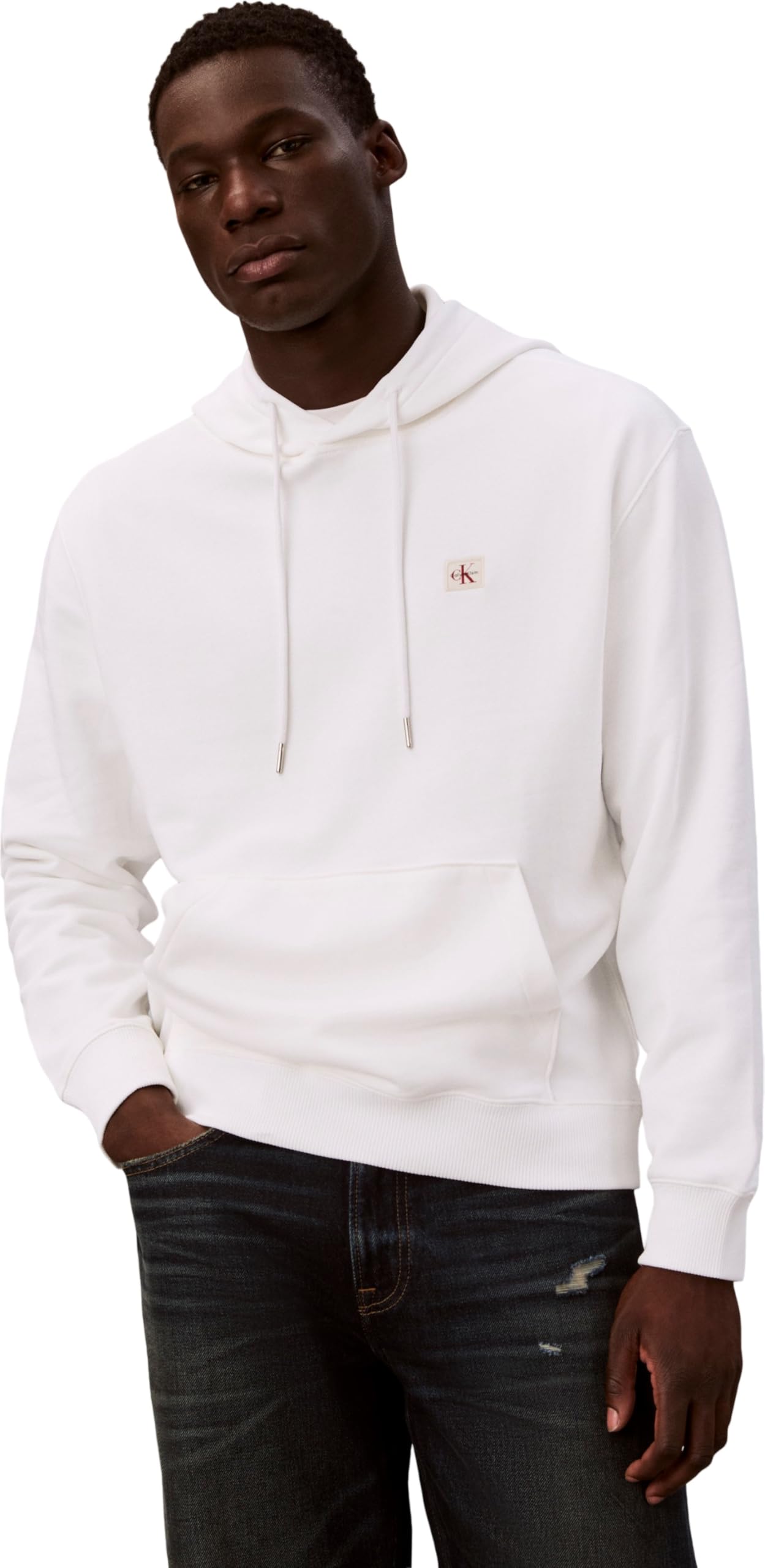 Calvin Klein Men’s Terry Badge Hoodie, White (Bright White), XS