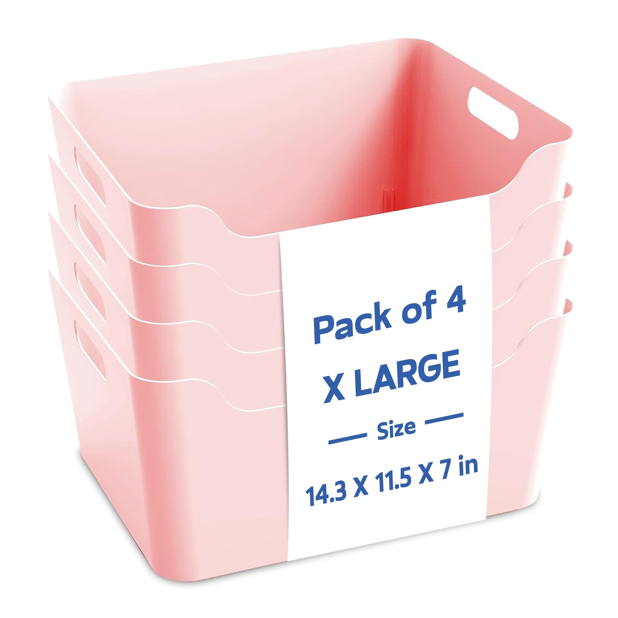 Jolly Plastic Basket with Handle for Storage Box | Multipurpose Light Weight Baskets organiser | Extra Large Pack of 4 - RTN Wave Pink