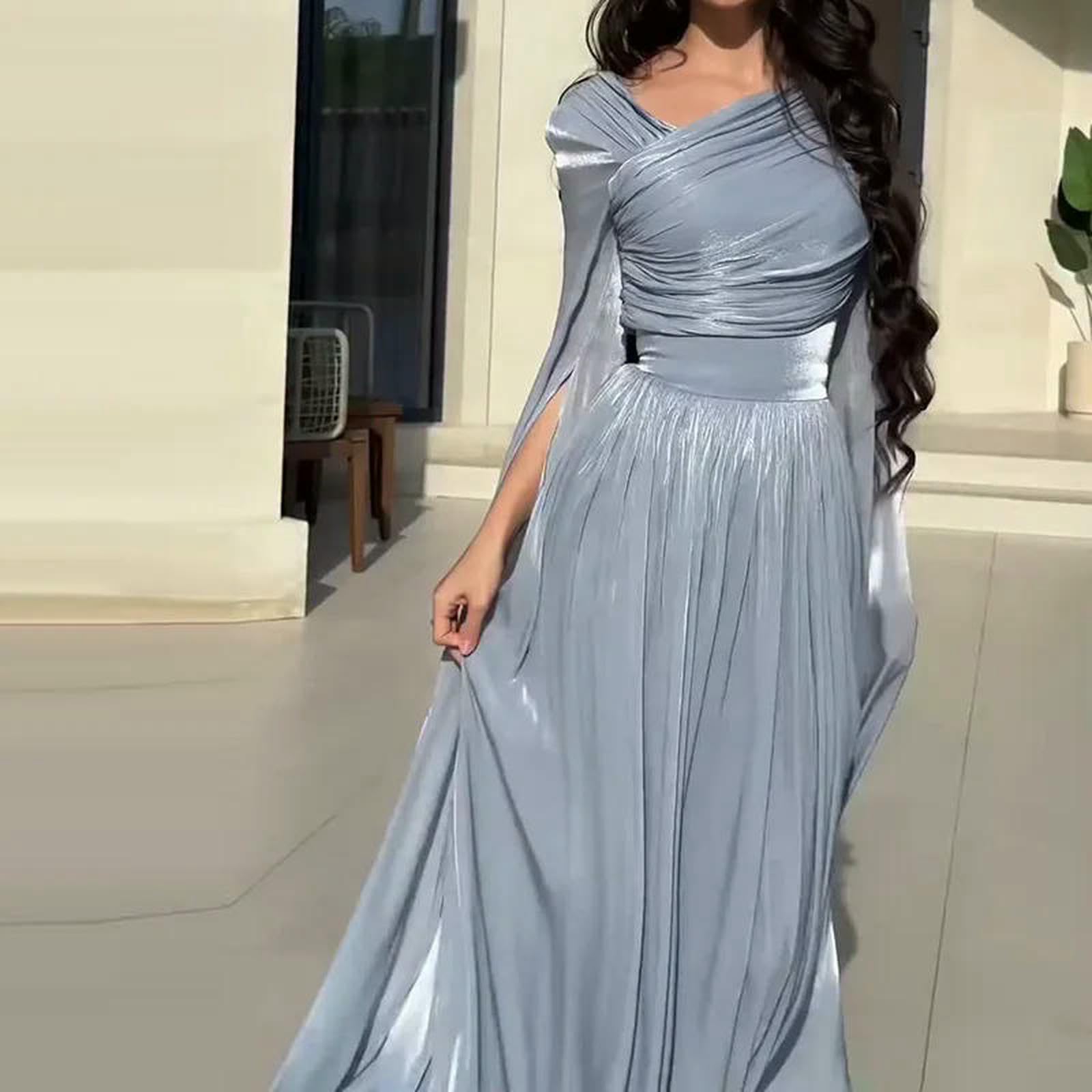 Damenkleid Frauen Eine Schulter Drapiert Maxi Kleid, Lange Ärmel Hohe Taille Schlitz Elegantes Kleid Für Abend Formelle Party-02 Blue-l