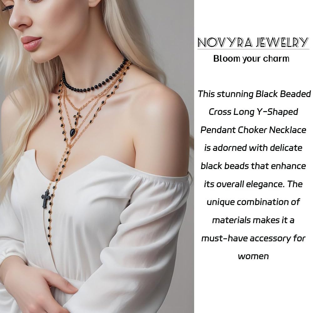 Layered Cross Necklace for Women Dainty Stackable Black Beaded Cross Long Y-Shaped Pendant Choker Necklace Fashion Festival Party Jewelry for Women - Image 2