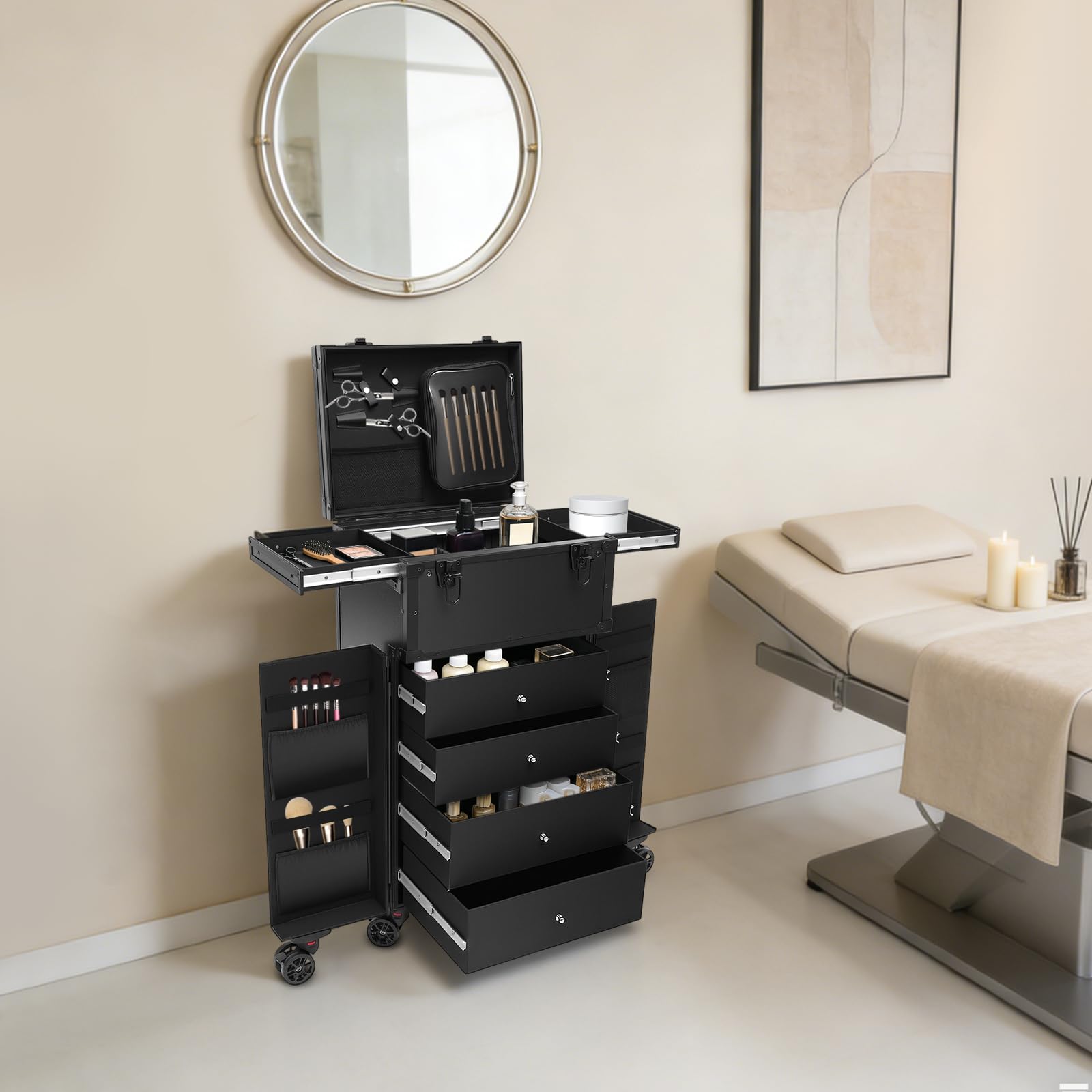 Valigetta per trucchi con ruote, in alluminio, grande beauty make-up, con 4 cassetti, manico telescopico richiudibile, per parrucchiere e parrucchiere