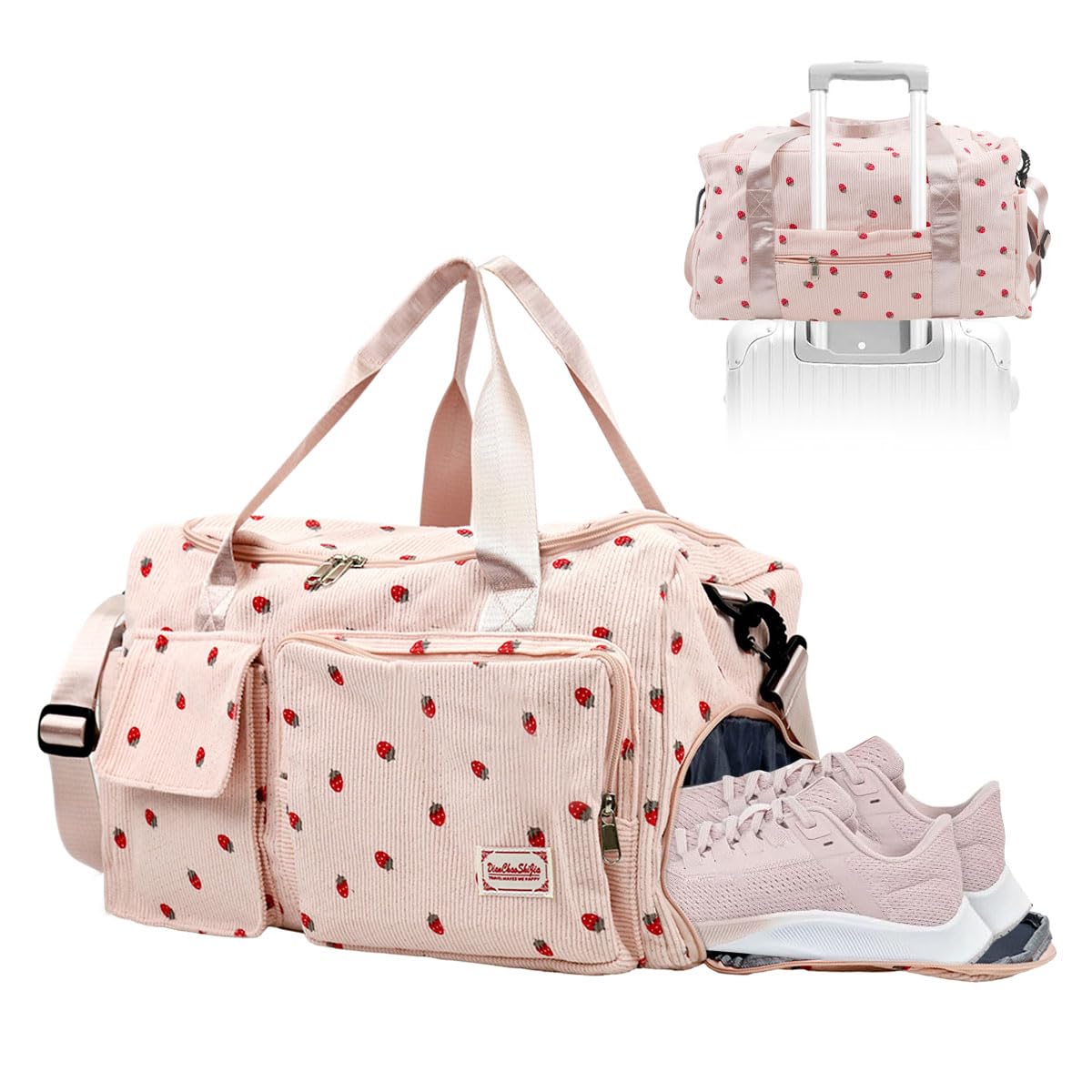 PALAY® Women Duffle Bag Gym Bag with Shoe Compartment Cute Pink Strawberry Prints Corduroy Travel Bag with Removable Shoulder Strap Multi-pocket Duffle Bag for Travel, Gym Session, Camping, 48x24x27cm-image-43