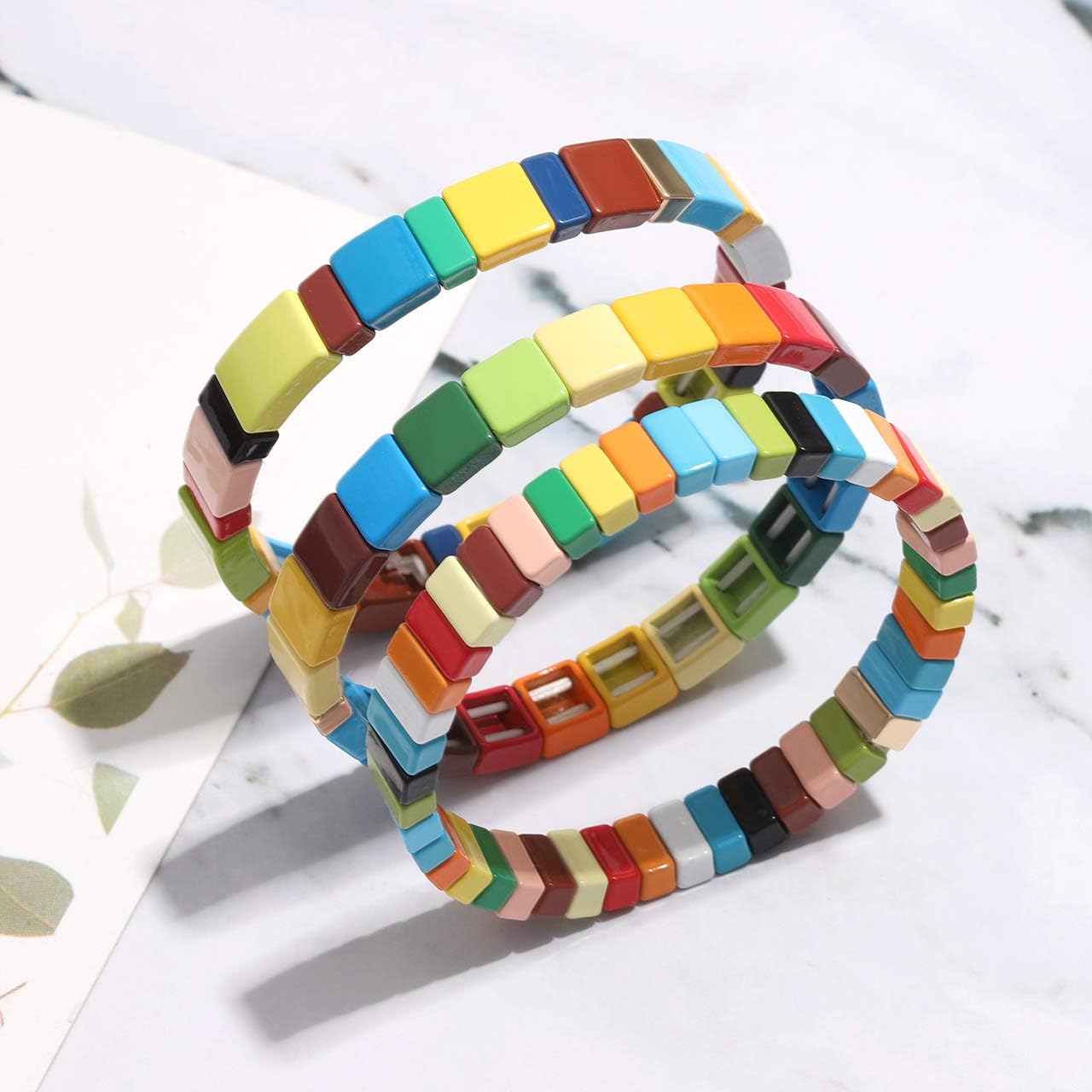 NVENF Tile Bracelets Enamel Rainbow Tile Bead Bracelets Colorblock Stackable Stretch Bracelets Bohemia Tile Strand Bangle Bracelet Set for Women Men