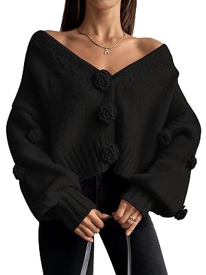 LILLUSORY Women Chunky Cropped Cardigan Sweater Fall Oversized V Neck Clothes Y2K Cozy Puff Sleeve Floral Outfit Fashion