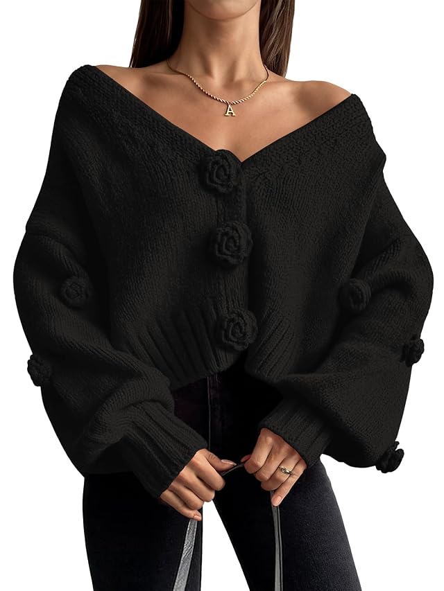 LILLUSORY Women Chunky Cropped Cardigan Sweater Fall Oversized V Neck Clothes Y2K Cozy Puff Sleeve Floral Outfit Fashion