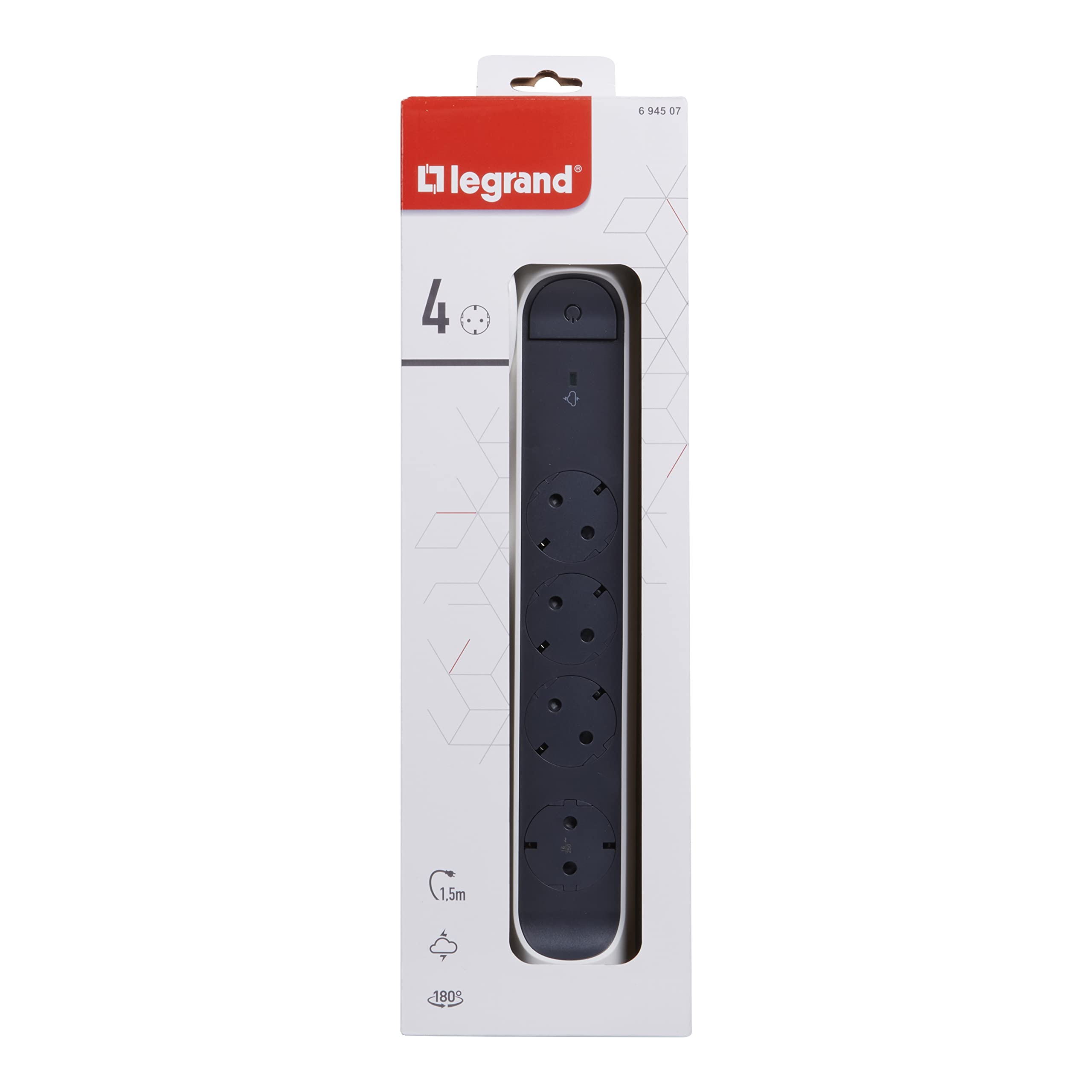 LEGRAND, Multiprise rotative, 4 prises, multiprise, parasurtenseur intégré avec indicateur d'état (SPD), interrupteur marche/arrêt LED, câble de 1,5 m, blanc ultra blanc/gris foncé, 694507