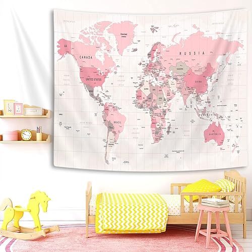 Miniatura 2 de Tapiz rosa con mapa del mundo, mapamundi, topografía vintage, pósteres educativos para universitarios, niños, estudiantes, dormitorio, arte de