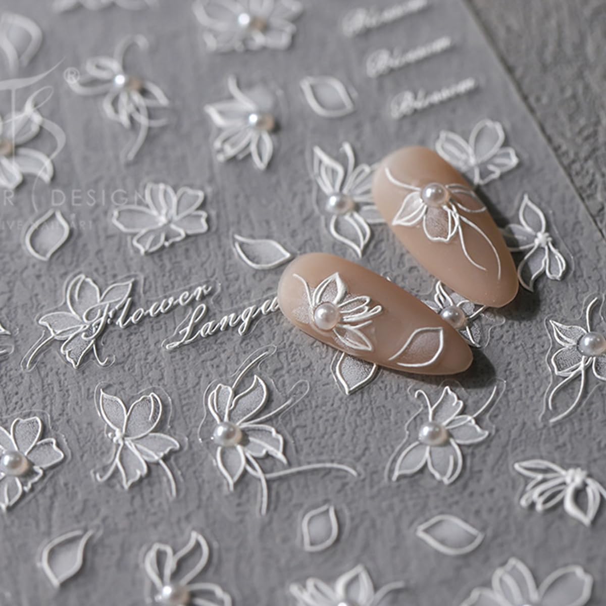 5D Embossed White Flower Nail Art Stickers Pearl Flower Nails Stickers Self-adhsive Nail Decals Retro Floral Nail Design for Women Girls Nail Accessories