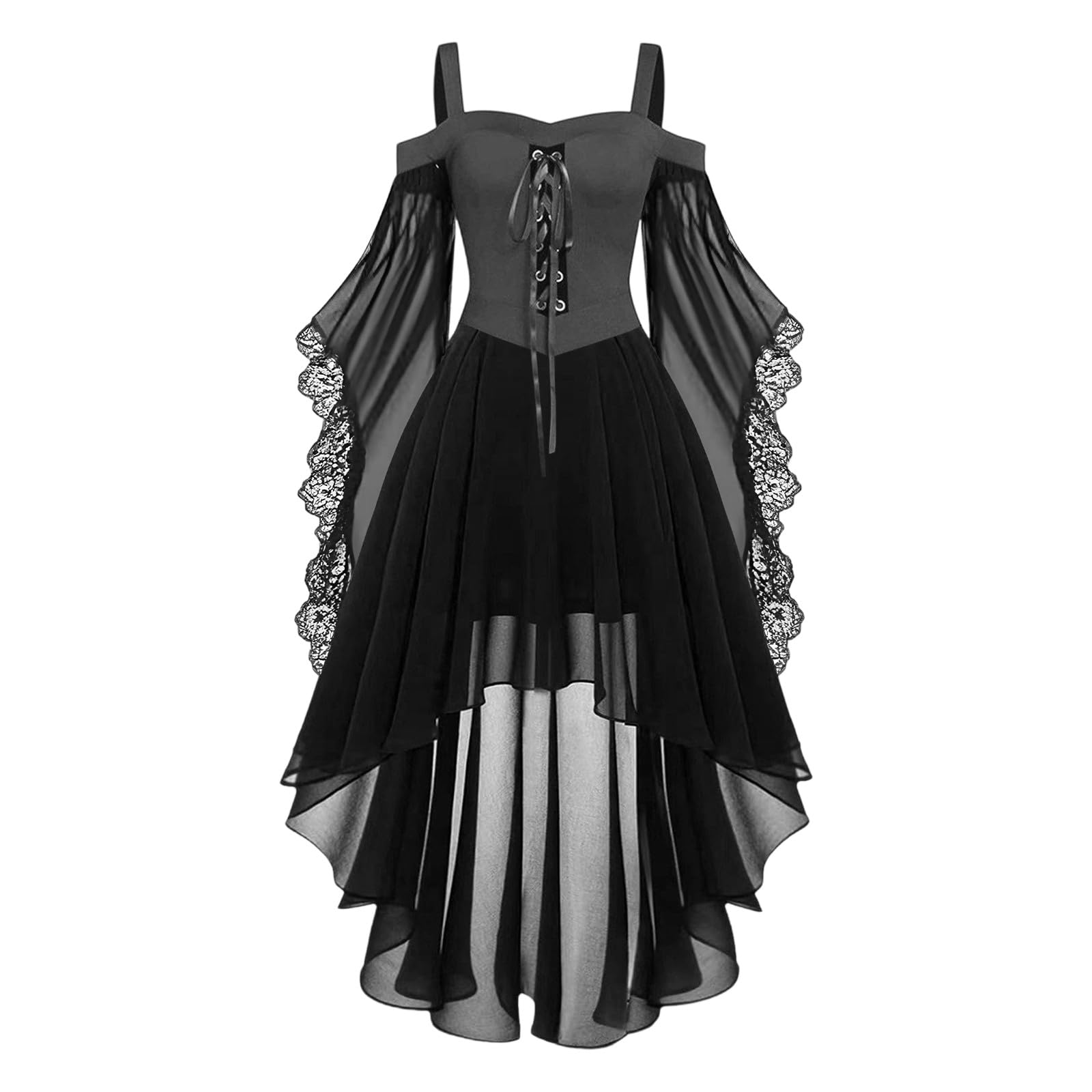 HAOLEI Medieval Costume Women, Halloween Dresses Vintage Lace Renaissance Victorian Dress Cold Shoulder Butterfly Sleeve Retro Steampunk Rockabilly Goth 80s Dress Ladies