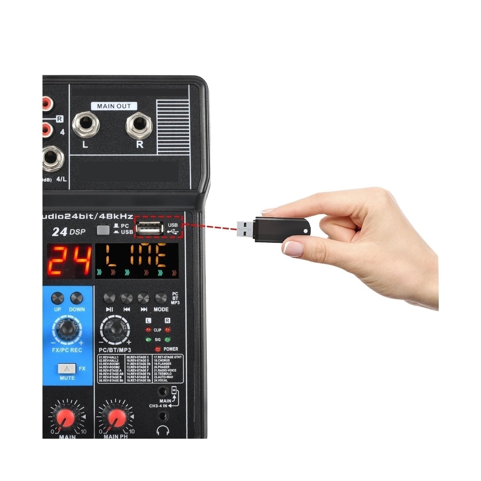 Mezclador de audio, Consola mezcladora de sonido portátil profesional 4 canales Entrada computadora Alimentación 48 V Número modelo Certificación Interfaz Para karaoke en estudio
