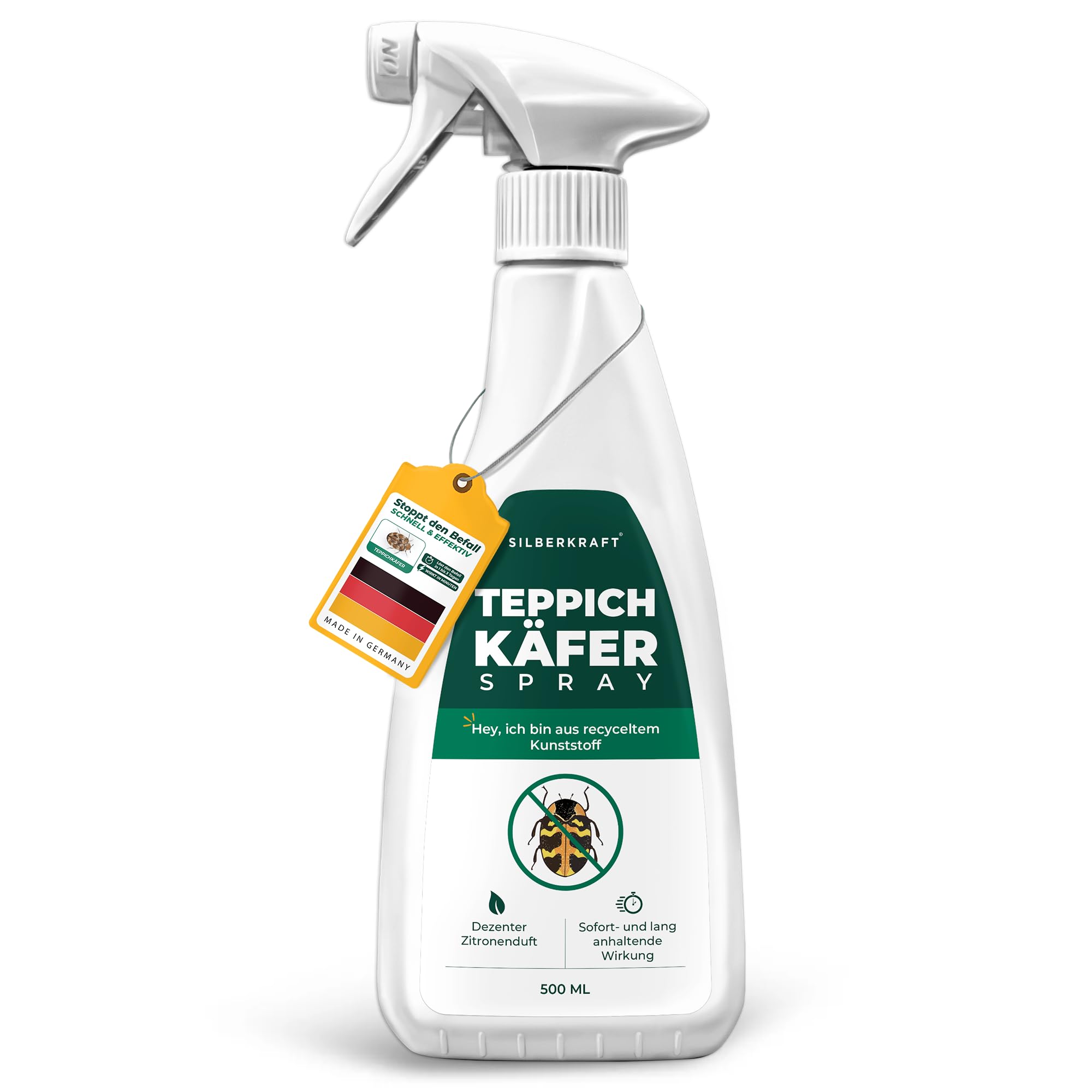 Silberkraft Teppichkäfer Spray 500 ml, Wirksames Repellent gegen Teppichkäfer & Larven, Langzeitschutz bis zu 3 Monate, Für Teppiche, Polstermöbel, Kleiderschränke, Matratzen & Fußleisten