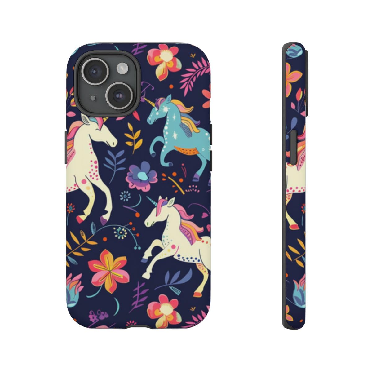 Coque iPhone 15 licorne et fleurs - Protection rigide mate bleu