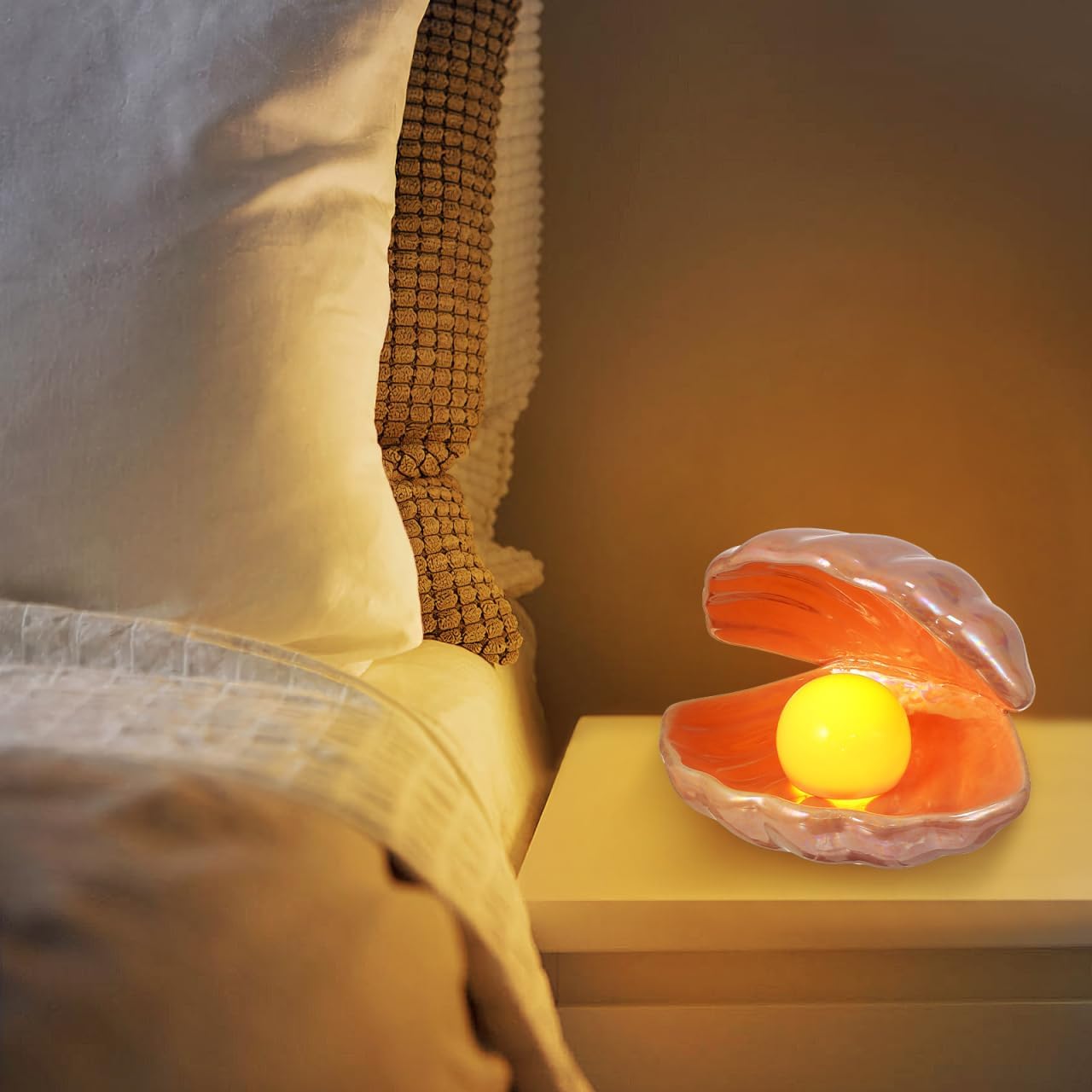DECHOUS Shell Pearl Night Light: LED Ceramic Pink Pearl Shell Light Desktop Bedside Seashell Lamp for Bedroom Kids Room Christmas Aesthetic Lamp